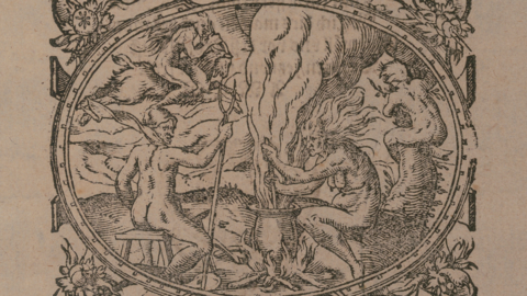 Holzschnitt: Vignette im Buch von Abraham Saur, Eine kurtze / treuwe Warnung, 1582. Nackte Hexen beim Brauen eines Zaubertranks. Holzschnitt: Vignette im Buch von Abraham Saur, Eine kurtze / treuwe Warnung, 1582. Nackte Hexen beim Brauen eines Zaubertranks.