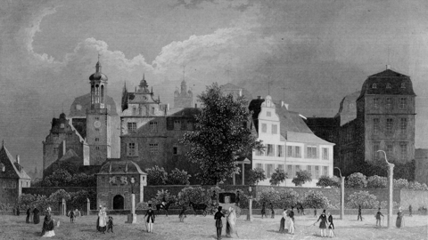 Historischer Stahlstich: Ansicht des Schlosses in Darmstadt von Johann Friedrich Lange, 1849