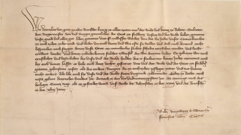 Mittelalterliche Urkunde: König Wenzels Privilegien und Befehl, dass alle Juden, welche zu Friedberg wohnen wollen, gleich den Bürgern schwören sollen, 1394 (HStAD, A 3, 111/329)