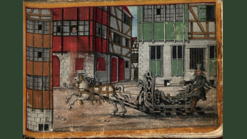 Historische Zeichnung, koloriert: Ein pferdegezogener Schlitten zwischen Häusern, 1613-1638 (HStAD, C 1 D, 94) 