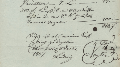 Historisches Schriftstück: Abrechnung mit Unterschrift von Abbé Georg Joseph Vogler, 1807 (HStAD, D 12, 48/26)