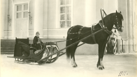 Historisches Foto: Thronfolger Alexej Großfürst von Russland (1904-1918) im Pferdeschlitten, 1911 (HStAD, D 27 B, 661/1-2)