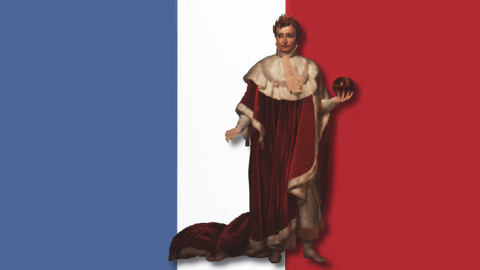 Collage: Napoleon Bonaparte vor einer französischen Flagge