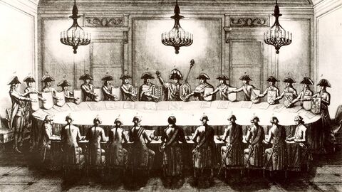 Kupferstich: Gründung des Rheinbunds - ovaler Tisch mit den Bundesfürsten, 1806 (HStAD, R 4, 13740)