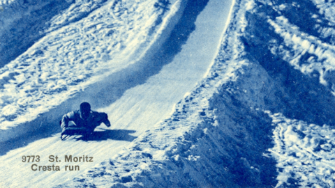 Historische Postkarte: Rodler auf der Rodelbahn von St. Moritz, vor 1908 (HStAD, R 3, 20984/67)