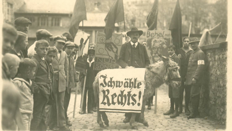 Historisches Foto: Wahlveranstaltung der SPD mit einem Esel, der ein Schild mit der Aufschrift "Ich wähle rechts" trägt, Darmstadt 1924 (HStAD, R 4, 25806)