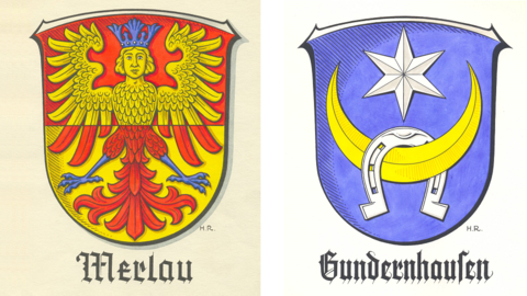 Kolorierte Zeichnungen: Entwürfe der Gemeindewappen von Merlau und Gundernhausen von Heinz Ritt (HStAD, § 6, 172 und 98)