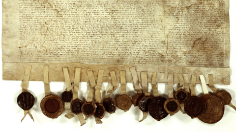 Bündnis zwischen Erzbischof Ruprecht von Köln und Landgraf Heinrich III. von Hessen (HStAM, Urk. 1, 3902, Ausschnitt) Spätmittelalterliche Urkunde mit 17 anhängenden Siegeln: Bündnis zwischen Erzbischof Ruprecht von Köln und Landgraf Heinrich III. von Hessen (HStAM, Urk. 1, 3902, Ausschnitt): B