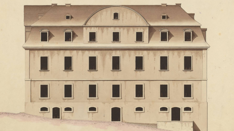 Die ehemalige Finanzkammer und Postexepedition in Marburg, um 1820 (HStAM, Karten, P II 13929) Historischer Aufriss: Fassade der ehemaligen Finanzkammer und Postexepedition in Marburg, um 1820 (HStAM, Karten, P II 13929)