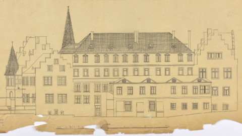 Historischer Aufriss: Zeichnung der Rückseite des Deutschherrenhauses während der Nutzung als Mineralogisches und Geologisches Institut, Marburg um 1910 (HStAM, Karten, P II 19003)