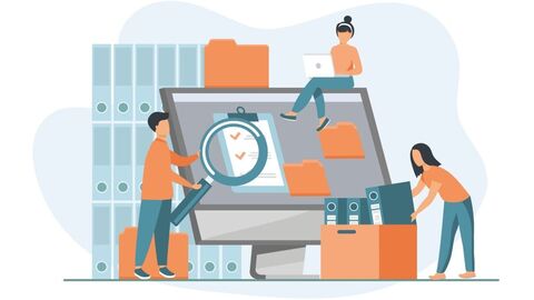 Zentral und aus einer Hand - das Anwendungsmanagement der HZD für das Hessische Landesarchiv Computerzeichnung: Kleine Männchen organisieren analoge und digitale Daten