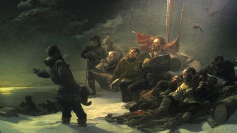Motiv der Ausstellung "Hessische Entdecker": Ölgemälde "Nie zurück" von Julius von Payer, 1892 Ölgemälde: "Nie zurück!" von Julius von Payer, 1892. Erschöpfte Polarforscher an einer Küste