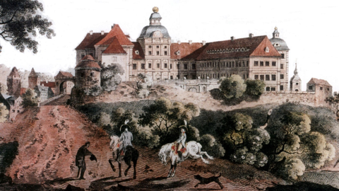 Schloss Neu-Augustusburg in Weißenfels, 1786, jetzt Sitz des Museums Weißenfels (Sachsen-Anhalt) Kolorierter Kupferstich: Schloss Neu-Augustusburg in Weißenfels, 1786, jetzt Sitz des Museums Weißenfels