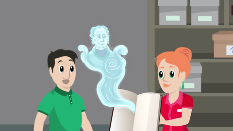 Szene aus dem Erklärvideo (Zeichentrick): Archivarin präsentiert einem Nutzer eine Akte, aus der der Geist von Goethe steigt.