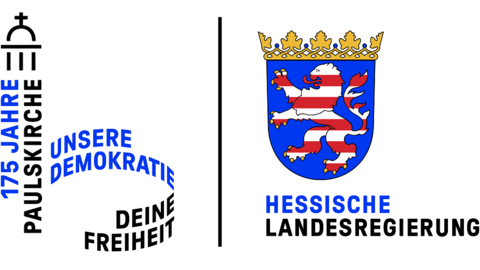 Logo "175 Jahre Paulskirche - Unsere Demokratie. Deine Freiheit". Logo des Jubiläums "175 Jahre Paulskirche - Unsere Demokratie. Deine Freiheit". Rechts das Wappen von Hessen und der Schriftzug Hessische Landesregierung