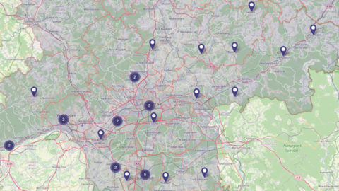 Screenshot von der Homepage: Karte der arcinsysnutzenden Archive (Ausschnitt) 