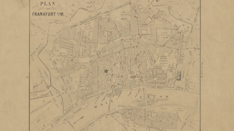 Plan von Frankfurt, mit Einzeichnung der am 18. September 1848 errichteten Barrikaden (HHStAW, 3011/1, 1785 H) Plan von Frankfurt, mit Einzeichnung der am 18. September 1848 errichteten Barrikaden (HHStAW, 3011/1, 1785 H)