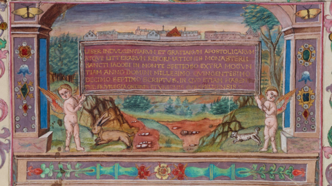 Kolorierte Darstellung des Bereichs von Kloster St. Jakobsberg in Mainz mit zwei Engeln, Hase und Hunde (HStAD, C 1 A, 95, Ausschnitt)