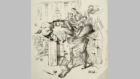 Karikatur auf die Streitigkeiten in der Nationalversammlung, 1848 (HStAD, R 4, 29886 UF) Historische Zeichnung: Karikatur auf die Streitigkeiten in der Nationalversammlung, 1848 (HStAD, R 4, 29886 UF)