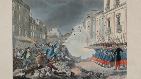 Aufstand in Paris im Februar 1848 (HStAD, R 4, 32733 UF) Kolorierter Stich: Aufstand in Paris im Februar 1848. Soldaten feuern auf aufständische Bürger (HStAD, R 4, 32733 UF)