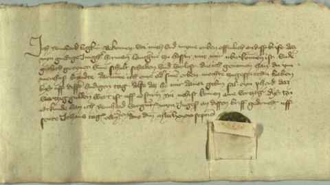 Reinhard Becker vergleicht sich mit dem Landgrafen Hermann von Hessen, 1386 (HStAM, Urk. 10, 232) Mittelalterliche Urkunde: Reinhard Becker vergleicht sich mit dem Landgrafen Hermann von Hessen, 1386 (HStAM, Urk. 10, 232)