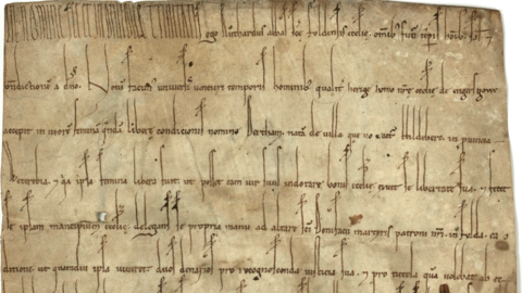 Der Abt von Fulda bekundet die Heirat des Klosterhörigen Heriger mit der Freien Berta, 1079 (HStAM, Urk. 75, 116, Ausschnitt) Mittelalterliche Urkunde: Der Abt von Fulda bekundet die Heirat des Klosterhörigen Heriger mit der Freien Berta, 1079 (HStAM, Urk. 75, 116)