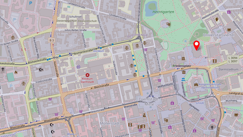 Stadtplan von Darmstadt mit Markierung des Staatsarchivs Darmstadt am Karolinenplatz 3