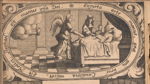 Frontispiz: Ein Arzt gibt einem Kranken Medizin, im Zimmer steht ein Engel, aus einer Wolke reicht eine Hand einen Becher (TU Darmstadt, S 9038)