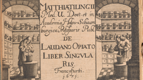 Frontispiz von Johann Philipp Thelott zum Buch "Anchora Salutis Sacra" von Matthias Tiling: Herstellung von Medikamenten in einer frühneuzeitlichen Apotheke, 1671 (TU Darmstadt, S 9038)