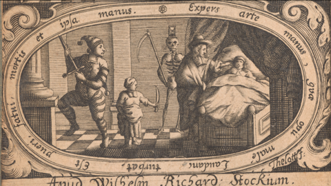 Frontispiz: Ein Arzt gibt einem Kranken schlechtes Laudanum; im Zimmer stehen der Tod, ein Kind mit Messer und ein Narr (TU Darmstadt, S 9038)