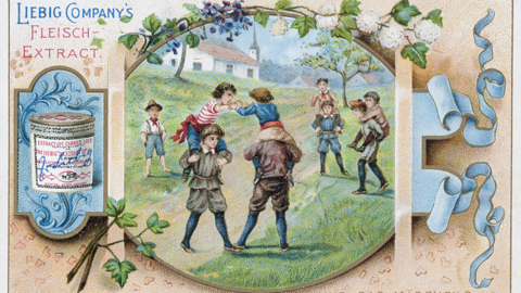 Historisches Werbebild für Liebigs Fleisch-Extrakt: Spielende Jungen (HStAD, O 12, 77)