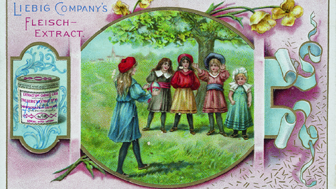 Historisches Werbebild für Liebigs Fleisch-Extrakt (HStAD, O 12, 77) Historisches Werbebild für Liebigs Fleisch-Extrakt: Mädchen spielen mit einem Ball (HStAD, O 12, 77)