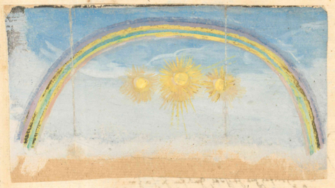 Kolorierte Zeichnung: Ein Regenbogen, darunter drei Sonnen