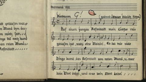 Lied: "Auf einem jungen Rosenblatt" (AdJb, Ch 2, 17) Handschriftliche Noten mit Text
