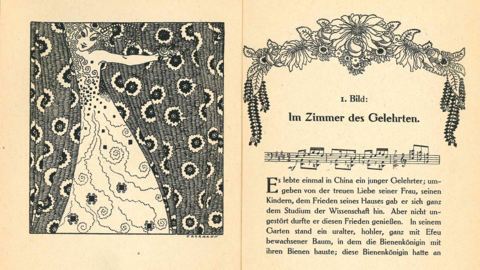 Doppelseite aus dem Begleitband zur Aufführung "Die Biene" (HStAD, G 55, 2539) Aufgeschlagene Doppelseite, links Jugendstil-Illustration, rechts Notenbeispiel und Text