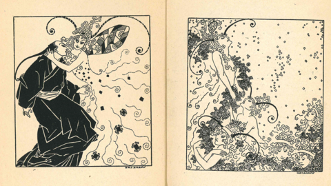 Der Gelehrte und seine Geliebte - Die Bienenkönigin und ihre Bienen (HStAD, G 55, 2539) Aufgeschlagene Doppelseite mit Jugendstil-Illustrationen