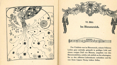 Doppelseite aus dem Begleitband zur Aufführung "Die Biene" (HStAD, G 55, 2539) Aufgeschlagene Doppelseite, links Jugendstil-Illustration, rechts Notenbeispiel und Text