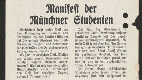 Manifest der Münchner Studenten, Ausschnitt aus einem 1943 über Marburg abgeworfenen englischen Flugblatt (HStAM, 180 Marburg, 4171) Historisches Flugblatt: Text