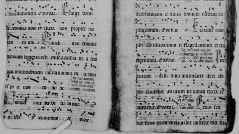 Zusatzinformationen Einband aus einer mittelalterlichen liturgischen Handschrift (HHStAW, 171, W 800) Musiknoten