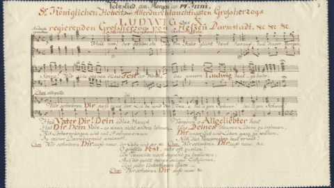 Volkslied zum Geburtstag von Großherzog Ludwig X von Hessen-Darmstadt, 1828 (HStAD, D 12, 39/59) Verzierte Musiknoten