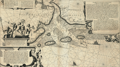 Karte der Ems vom Dollart bis zu den Ost- und Westfriesischen Inseln, 1642 (HStAM, Karten, P II 12614, Ausschnitt) Historische Karte, Druck: Ost- und Westfriesische Inseln und Ortschaften an der Küste bis zum Dollart