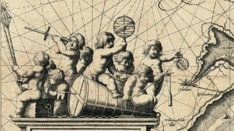 Putten als Navigationshelfer Historische Karte: Flügellose Putten, die auf einer Seetonne sitzen, halten verschiedene Navigationsinstrumente in den Händen