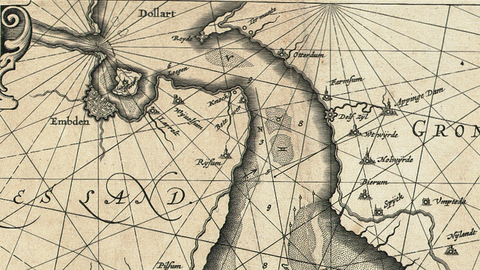 Emden, Nesserland, Reyde und der Dollart Historische Karte: Lage der Stadt Emden und der Insel Nesserland an der Emsmündung