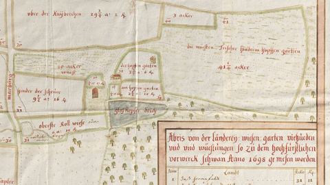 Historische Karte: Zeichnung von Gebäuden, Flurstücken, Bäumen und landwirtschaftlichen Flächen