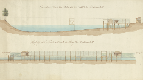 Historischer Plan: Querschnitt durch die Fuda, links Bäume, in der Mitte der Fluss, rechts die Badeanstalt. Unten Seitenansicht der mit Sichtschutzwänden umgebenen Badeanstalt