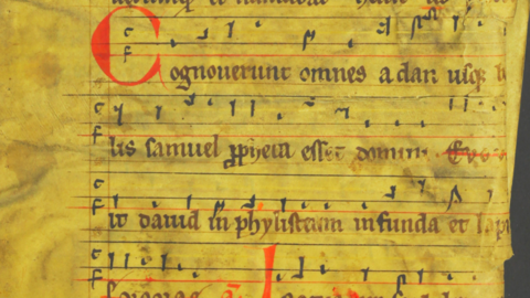 Fragment einer Handschrift mit Neumen (HStAM, S, 468) Neumen und lateinischer Text in schwarzer und roter Schrift auf Pergament