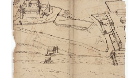 Historische Zeichnung: Rechts die Trendelburg, links die Gebäude des Vorwerks, in der Mitte eine Mühle an der Diemel