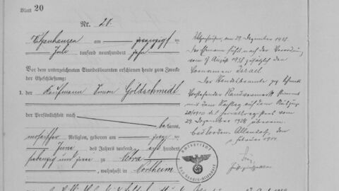 Nachträgliche Änderung des Heiratseintrags von Simon Goldschmidt (HStAM, 923, 7306) Vorgedrucktes Formular mit handschriftlichen Eintragungen