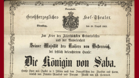 Theaterzettel für die Aufführung von "Die Königin von Saba", 1863 (HStAD, T 141, 1862-64) Historischer Druck in Fraktur mit Verzierungen