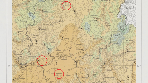 Klima-Atlas von Hessen (HHStAW, 3011/1, 10174 B) Darstellung der Klimazonen in Hessen mit Markierung von Darmstadt, Wiesbaden und Marburg